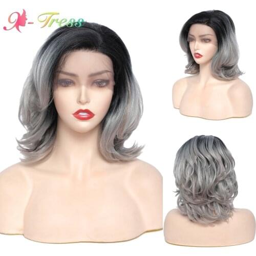 X-TRESS Synthetic Lace Front Wig Ombre Gray Short Wavy Bob Wigs for Women Ferr Part Glueless Wavy Cosplay Wigs Heat Resistant