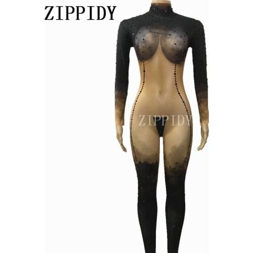 Bright Black Crystals Nude Jumpsuit Stretch Skinny Womens Dance Costume Prom Party Show Nightclub Singer Performance Stage Wear