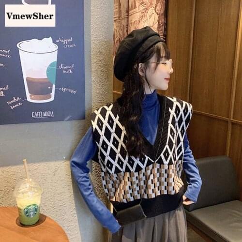 VmewSher New Autumn Spring Women Sweater Vest V Neck Harajuku Sleeveless Plaid Striped Knitted Pullover Chic Female Jumper Top
