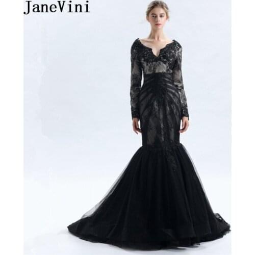 JaneVini Black Long Sleeves Evening Dress 2020 Lace V-Neck Formal Tulle Mermaid Ladies Mother of the Bride Dresses for Weddings