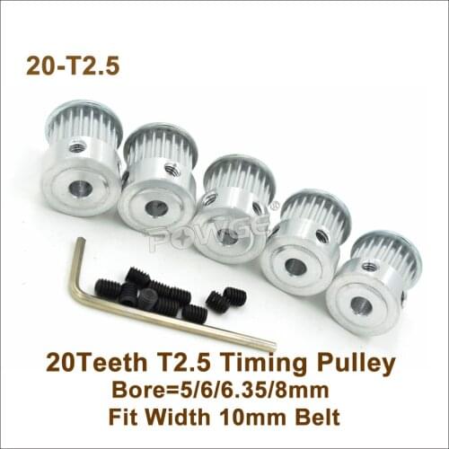POWGE 20 Teeth T2.5 Timing Pulley Bore=5/6/6.35/8mm For W=10mm T2.5 Synchronous Belt For 3D Printer 20T 20Teeth T2.5 Pulley