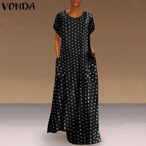 2021 Summer Pockets Dress VONDA Vintage Polka Dot Dress Printed Maxi Sundress For Women Casual O Neck Long Vestidos Party Robe