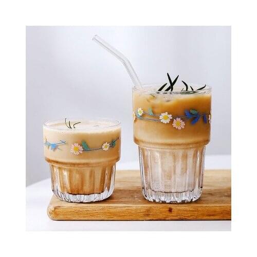 301-400ml Flower Korean Sytle Ins Daisy Transparent Glass Fresh Ice Coffee Cup Juice Cola Milk Tea Cup Superimposed Water Cup
