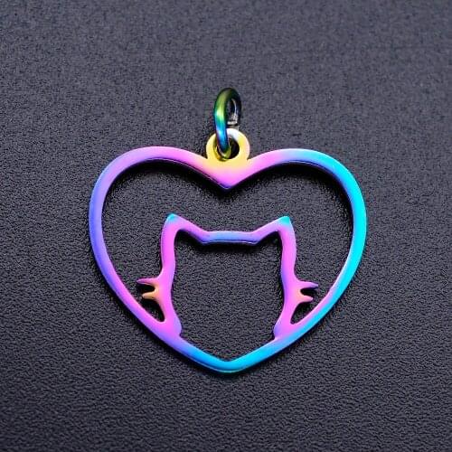 5pcs/lot 100% Stainless Steel Heart Cat diy Charms With Rainbow Plated Wholesale Charm for Necklace Jewelry Making Pendant