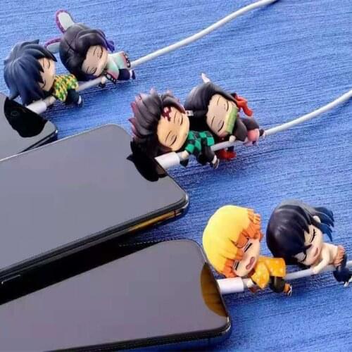 Anime Demon Slayer Multi-Style Cartoon Character Model Phone Ipad Data Line Protection Sleeve PVC Action Figure Toys 6PCS/Set