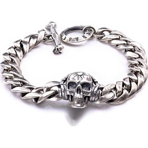Solid 100% S925 Sterling Silver Skull Mens Biker Gothic Bangle Bracelet jewelry 22cm women men Thai Silver bracelet