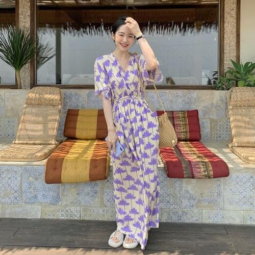 One-Piece Korean Elegant V-Neck Bohemian Long Dress Female Summer New Loose Printing Bat Wing Large Pocket Casual Holiday Dress