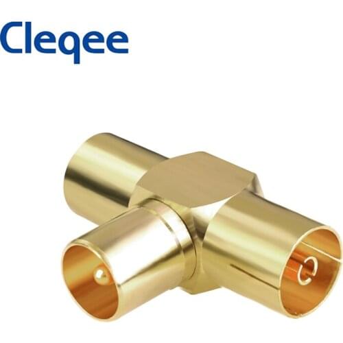 Cleqee 1PC TV Male to 2 Female T-type Gold Plated Connector RF Coax Coaxial Adapter