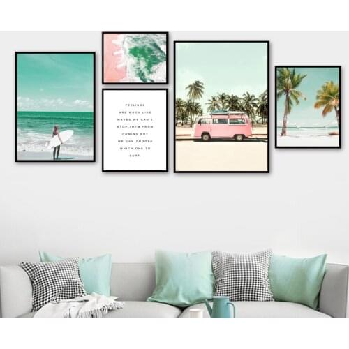 Surf Girl Beach Coconut tree Sea Car Wall Art Canvas Painting Nordic Posters and Prints Wall Pictures For Living Room Home Decor