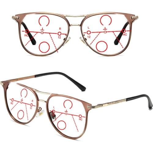 Double Bridge Round Spring Hinge Brown Progressive Multifocal Reading Glasses +0.75 +1 +1.25 +1.5 +1.75 +2 +2.25 +2.5 +2.75 To+4
