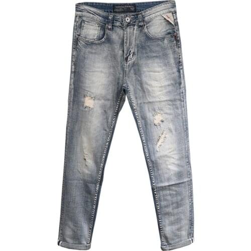 Men Jeans Retro Blue Wash Elastic Slim Fit Ripped Fashion Streetwear Jeans Men Vintage Designer Denim Pants Hip Hop Jeans Homme