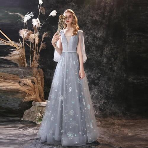 Elegant Flower Prom Dresses Tulle Sheer A Line Cap Sleeve Evening Dress Floor Length Long Pageant Gowns In Stock