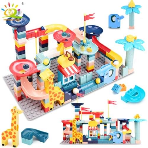 HUIQIBAO 217PCS Animals Marble Race Run Duploed Size Building Blocks Big Bricks Set with Baseplate Children Kids DIY Toys Gift