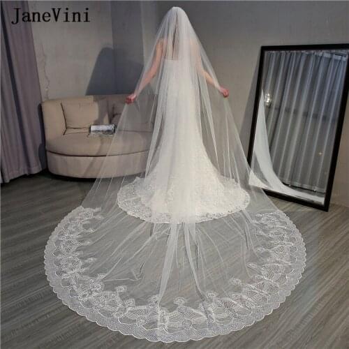 JaneVini Romantic One Layer Ivory Wedding Long Veil Lace Edge Sequined Cathedral Bridal Veil with Comb Wedding Hair Accessories