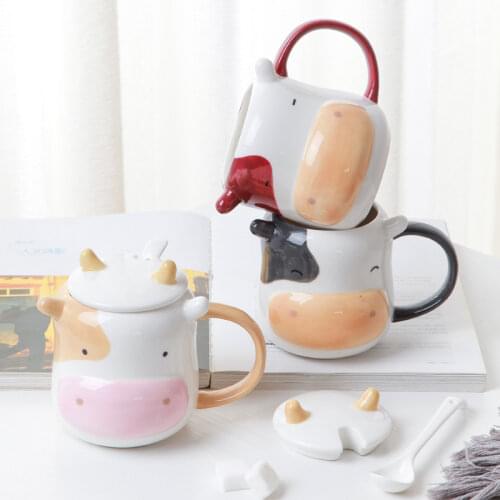 Ceramic Cute Cow Mug Coffee Cups Lids Spoons Childrens Large-capacity Water Cup Office Milk New Product Creative Home Drinkware