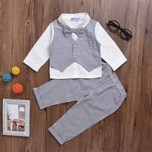New Baby Boys Gentleman Suits Infant Newborns Clothes Sets Kids Blue Striped Shirts+Pant 2 Pcs Sets Children Suits