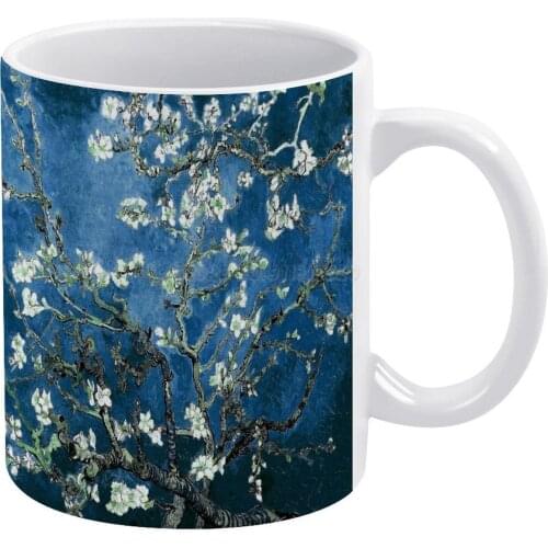 Van Gogh Almond Blossoms Deep Ocean Blue White Mug To Friends and Family Creative Gift 11 Oz Mug Coffee Ceramic Mug Blue Vincent