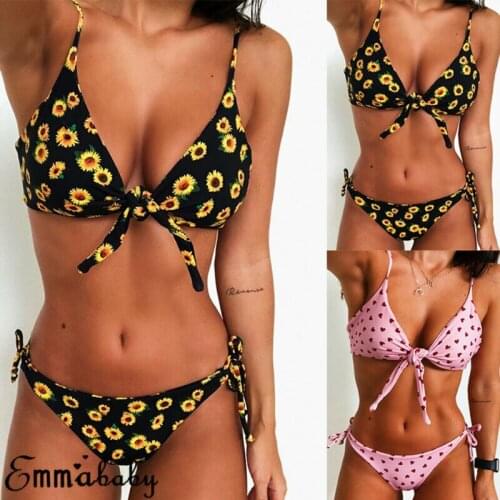 Floral print swimsuit with ruffles tropical leaves swimsuit women push up swimsuit woman Boho triangle halter bikini set 2020