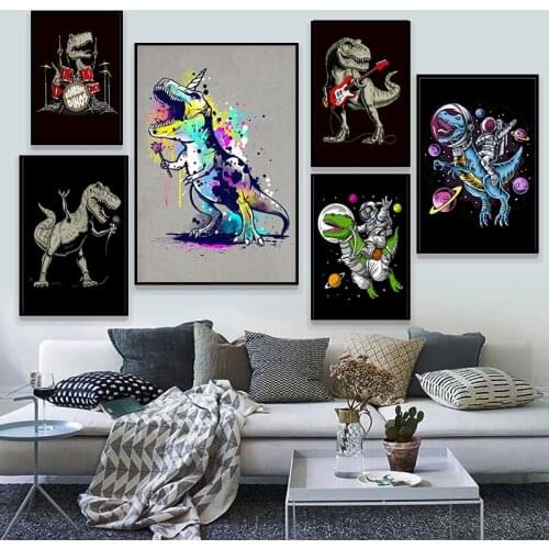 Cute dinosaur holding a magic wand and singing dinosaur doodle creative canvas prints and posters artist home decoration