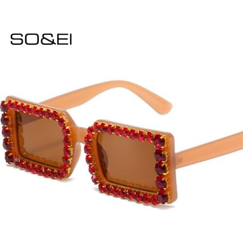 SO&EI Fashion Small Rectangle Women Luxury Diamond Sunglasses Vintage Jelly Tea Eyewear Men Trending Shades UV400 Sun Glasses