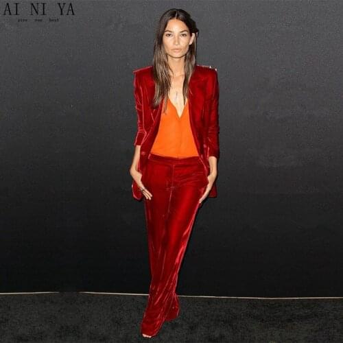 New Formal Red 2 piece set women business suits velvet female trouser suits ladies office uniform elegant pant suits CUSTOM