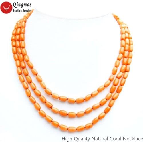 Qingmos Natural 6*9mm Orange Coral Necklace for Women with Thick Slice Genuine Coral 17-19" Chokers 3 Strands Jewelry nec5774