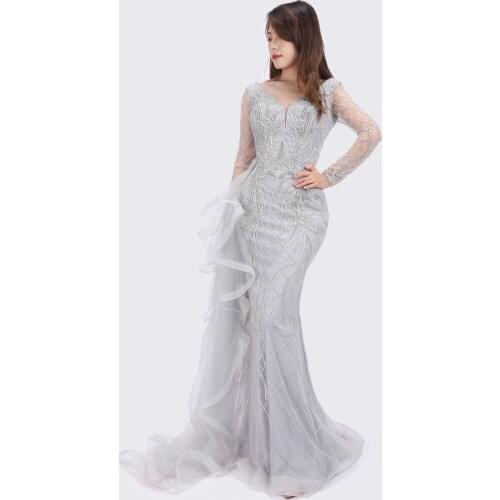 Luscious Delia Muslim Silver Grey Mermaid Evening Dresses 2021 Beaded Elegant Luxury Formal Gown with Long Sleeves