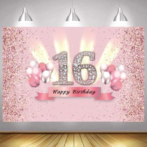 Pink Sweet 16th Photo Backdrop Girls Happy Birthday Party Custom Sixteen Flower Decoration Photography Backgrounds Banner