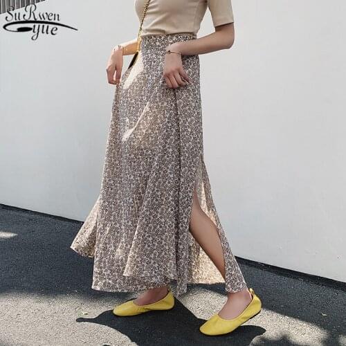 Saias Summer Vintage Printed Floral Chiffon Skirts A-type Expandable Split High Waist Wild Casual Midi Skirt Jupe Femme 10013