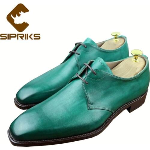 SIPRIKS Mens Green Leather Dress Shoes Italian Custom Calf Skin Outsoled Square Toe Derby Boots Gents Suits Male Goodyear Welted