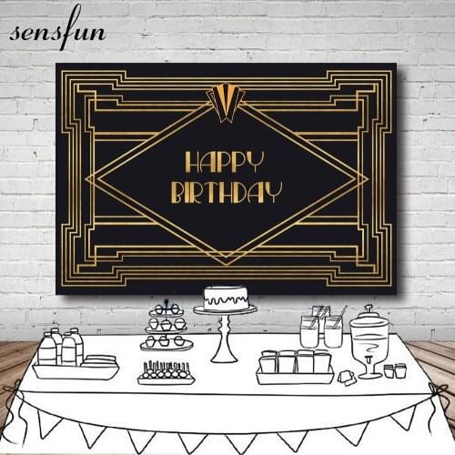 Sensfun Gatsby Art Deco Backdrop For Photo Studio Gold And Black Happy Birthday Wedding Photography Backgrounds 7x5ft Vinyl