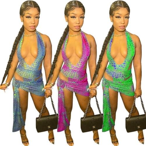 EchoineWomen Sexy serpentine Print Two Piece Club Outfits Backless Bodysuit Bodycon Mini Dresses Summer Beachwear Matching Sets