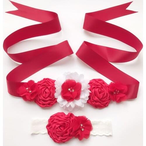 Wedding 1 Set Belt With Flower Headband Bridesmaid Maternity Beauty Kids Wedding Dress Belt Satin Silk Flower Sash Belt D12