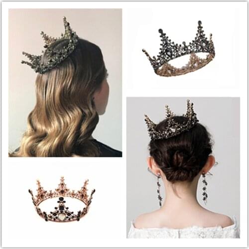 Baroque Vintage Black Rhinestone Beads Round Crown Wedding Hair Accessories Luxury Crystal Queen King Crowns Girl Jewelry
