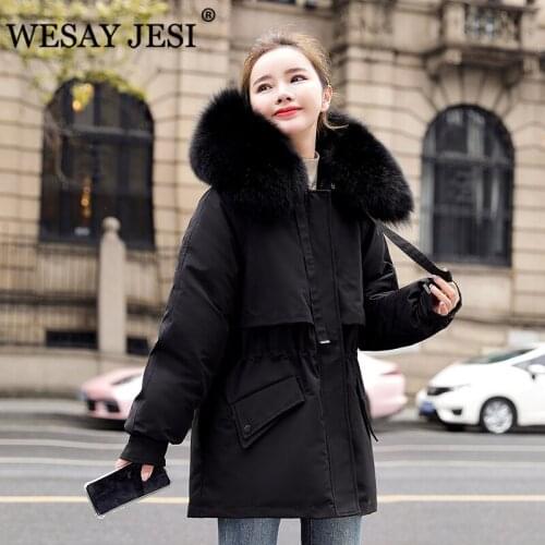 WESAY JESI Womens Jacket Cotton Padded Parka Korean Cotton Oversized Fur Collar Jacket Autumn Pocketed Short Jacket Zipper Coat