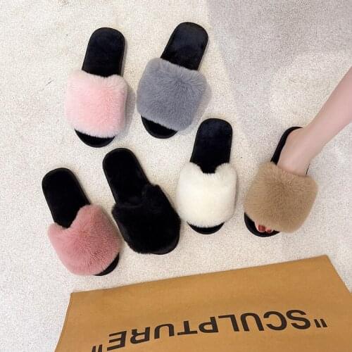 2021 Winter Hot Sale Rex Rabbit Fur Slippers Women Home Fluffy Sandals Comfortable Indoor Furry Female Casual Flats Sweet Shoes