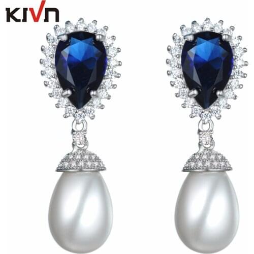 KIVN Jewelry Blue CZ Cubic Zirconia Women Girls Wedding Bridal Simulated Pearl Earrings Birthday Gifts 10pcs Lot Wholesale