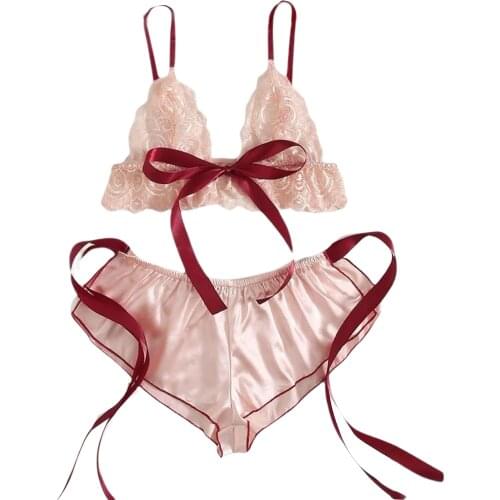 Womens 2 Pieces Lingerie Set, Sexy Sheer Lace Bralette Top and Stain Shorts Set Nightwear