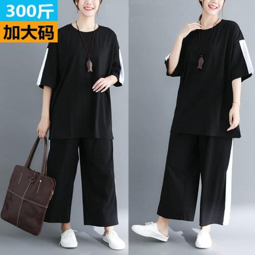 Plus size summer loose casual thin sports suit women bust 150cm 6XL 7XL 8XL 9XL color block top cropped wide-leg pants black