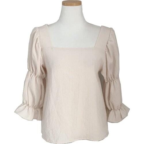PERHAPS U Khaki Yellow Black Puff Sleeve Half Sleeve Slash Collar Pullover Women Shirt B0590