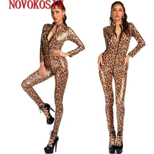 M-XL 2021 Women Sexy Leopard Printed Bodysuit Front Zipper Crotch High Neck Club Wear Bright LightHigh Elasticity Teddies
