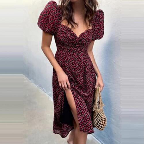 Fashion Summer Women Sexy Short Puff Sleeve Square Neck Floral Print All Match Puff Short Sleeve Split Midi Dress Sundress