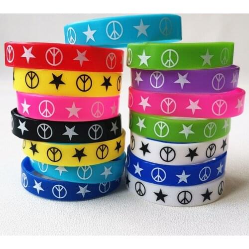 50PCS Elastic Bracelet Lot Peace Love Logo Star Night Luminous Shinning Silicone Rubber Band Wristband Fashion Hand Bangle Women