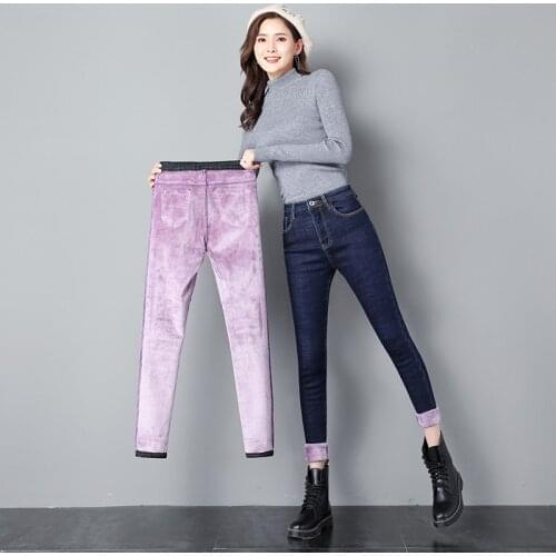 2021 New Winter Female Thick Plus purple Velvet Women Skinny Jeans High waist Stretch Fleece Warm Denim Pencil Pants mom jeans
