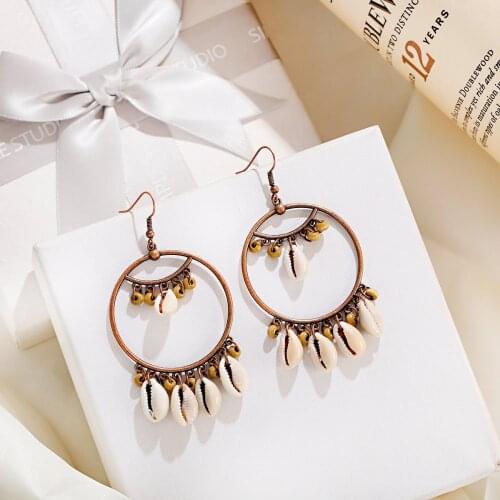 Retro Fashion Big Hoop Earrings Sea Shell Dangle Errings Handmade Conch Rattan Large Women Round Circle Earring Beach Vintage