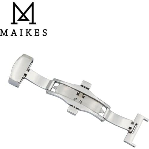 MAIKES 16 18 20mm New high quliaty Silver Butterfly Deployment Watch Band Stainless Steel Double Push Button Buckle Clasp