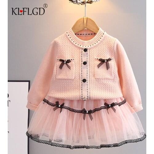 Girls baby clothing set 2021 autumn winter new long sleeve knitted cardigan Top + mesh Skirt Set Girls baby knitted set