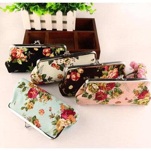 Women Canvas Fabric Big Rose Pattern Zero Coin Purse Two Metal Button Pocket Coin Pouch Key Credit Card Holde Phone Case Wallet