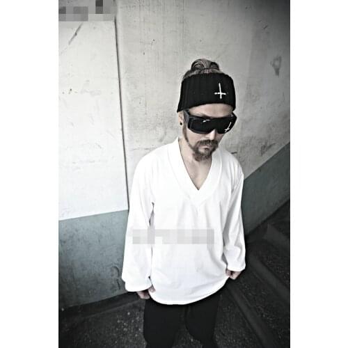 Korean mens new V-neck solid color loose casual Long Sleeve T-Shirt Large bottoming shirt fashion white spring and Autumn