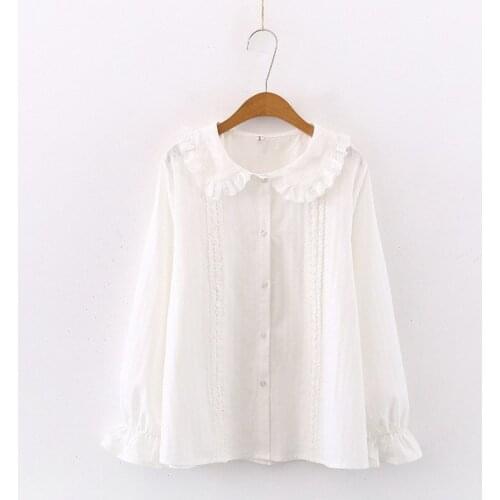 Cotton 100% White Women Shirts Summer New Sweet Style Ruffles Solid Elegant Office Lady Hollow Out Design Outwear Coats Tops